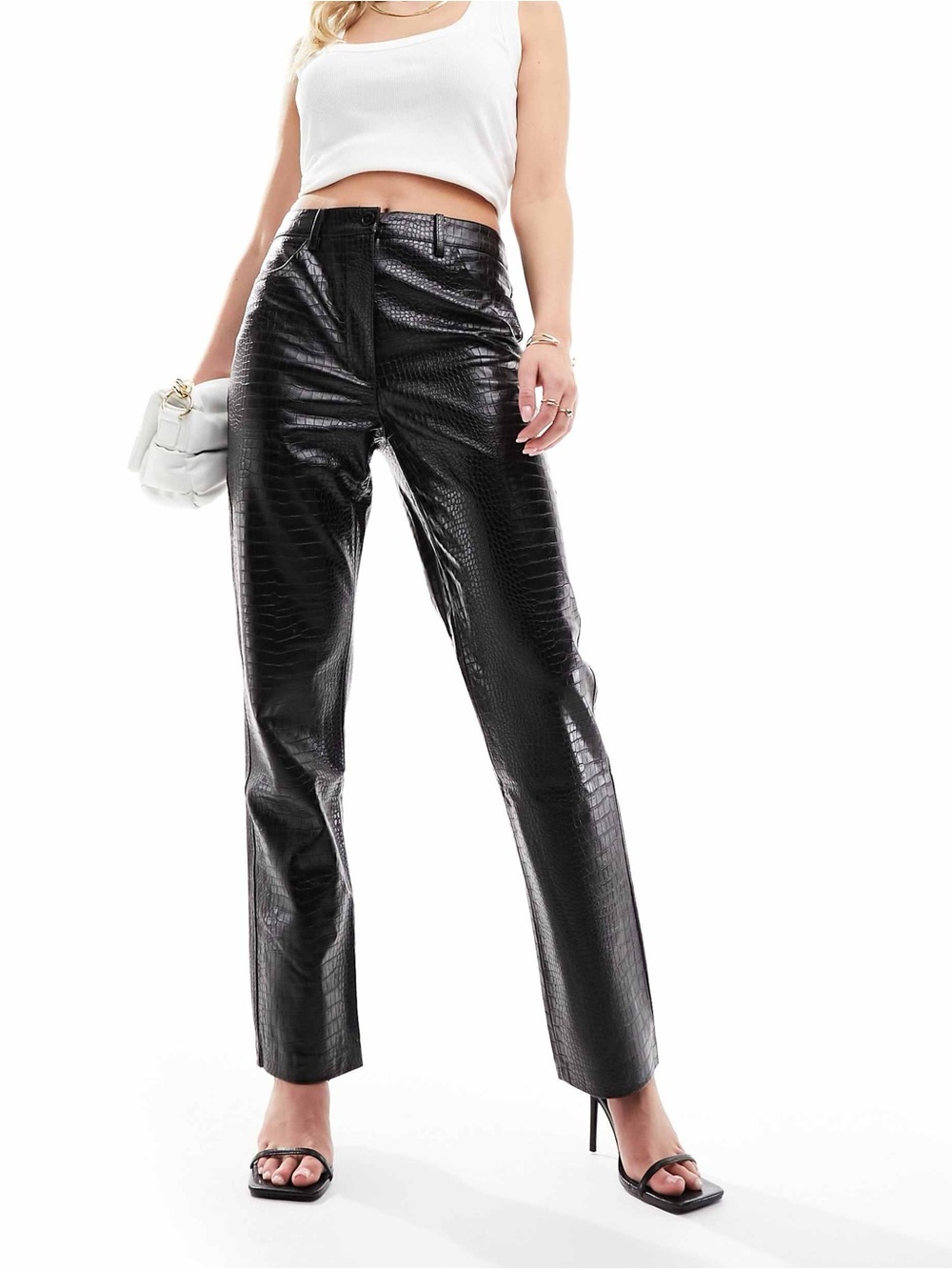 MNG Black Croc-Embossed Faux Leather Pants